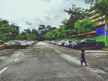 Rear view of man on road against sky