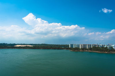 Scenic view of sea and buildings against sky