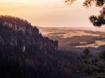 High angle view of landscape against sky during sunset