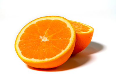 Close-up of orange slice against white background