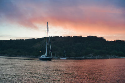 Sailboat sailing on sea against sky