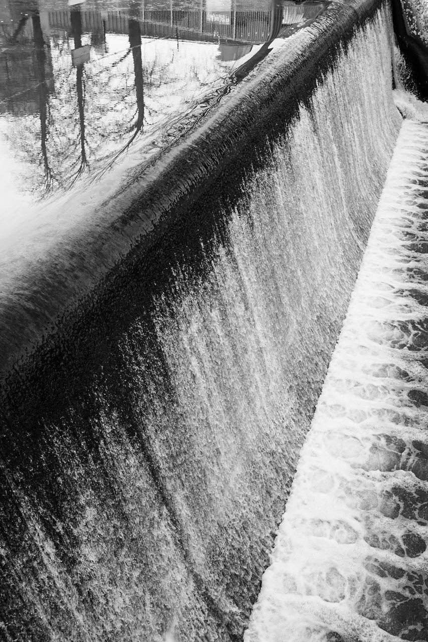 HIGH ANGLE VIEW OF WATER FLOWING ON DAM