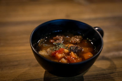 Close-up of soup in bowl on table