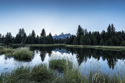 Scenic view of calm lake against clear sky