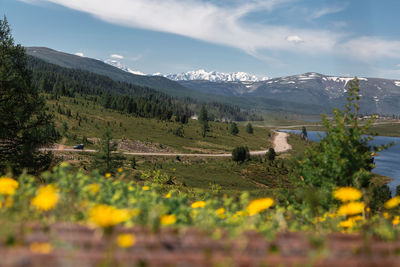 Scenic view of grassy field by mountains against sky