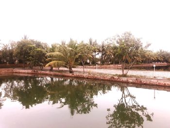 Reflection of trees in lake against clear sky