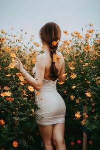 Rear view of woman standing by flower on field