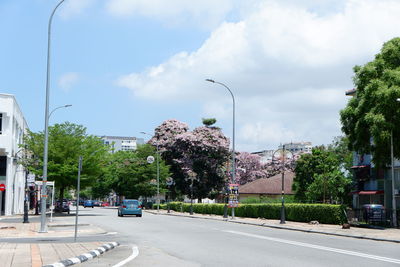 Street by trees against sky