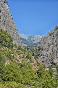 Scenic view of mountains against clear blue sky