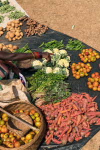 High angle view of fruits in market stall