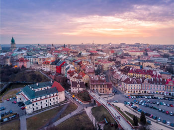 High angle view of cityscape against sky