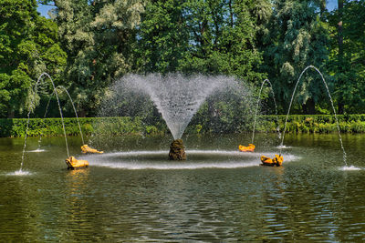 Fountain in lake against trees