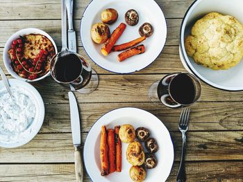 High angle view of breakfast served on table