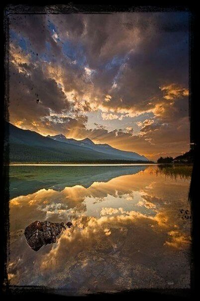 transfer print, water, sunset, scenics, tranquil scene, sky, tranquility, auto post production filter, beauty in nature, lake, reflection, cloud - sky, nature, idyllic, cloud, orange color, calm, non-urban scene, outdoors, mountain