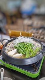 High angle view of food in bowl on table