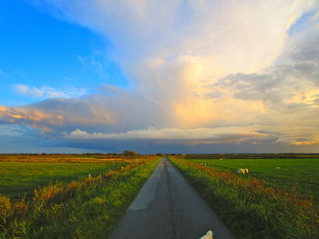 Empty road amidst field against sky