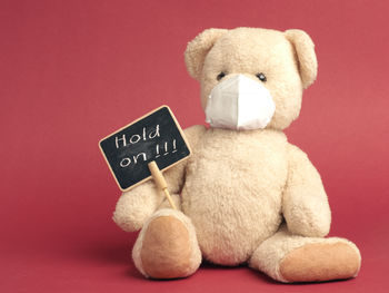 Close-up of stuffed toy against red background