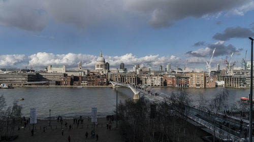 Panoramic view of city buildings by river against sky