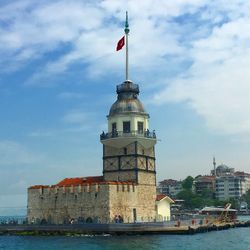 Lighthouse with buildings in background