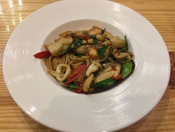 High angle view of pasta in bowl on table