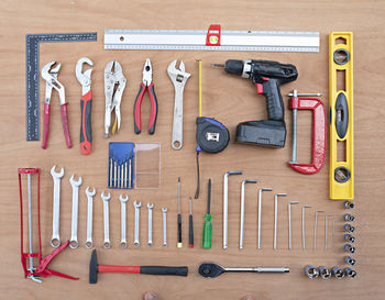 Directly above shot of work tools in row