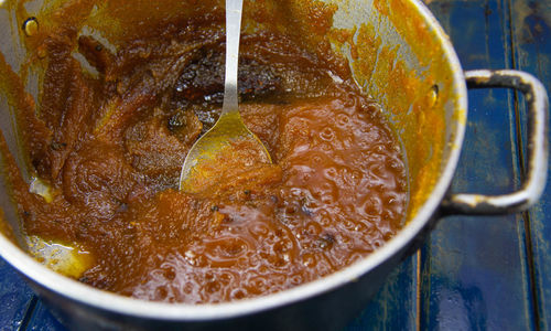 High angle view of soup in cooking pan