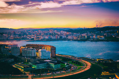 High angle view of city at waterfront