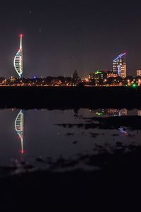 Reflection of illuminated buildings in city at night