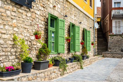 Green wooden shutters of an old cottage. protects the windows close with double doors