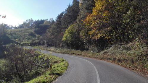 Road amidst trees against clear sky