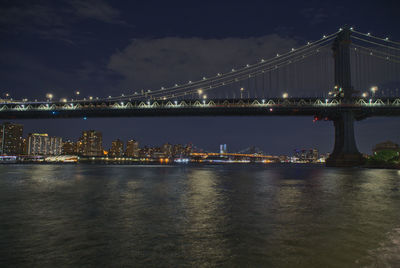 Illuminated bridge over river in city at night