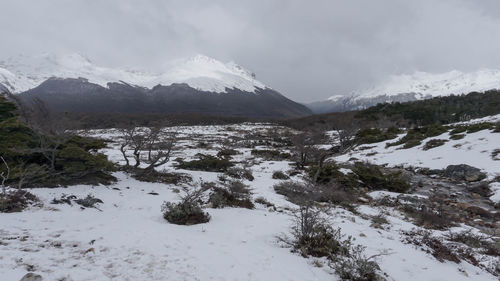 Scenic view of snow covered mountains against sky