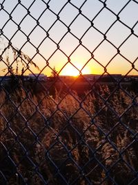 Close-up of chainlink fence against sky during sunset