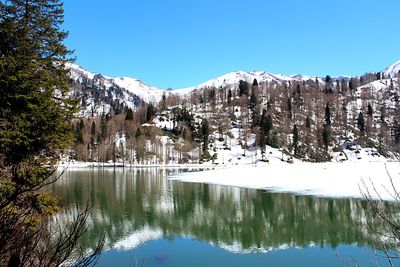 Scenic view of lake by snowcapped mountains against clear sky