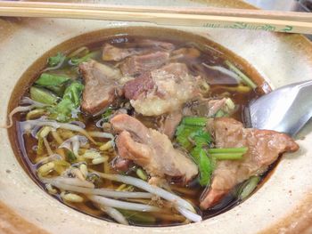 High angle view of soup in bowl