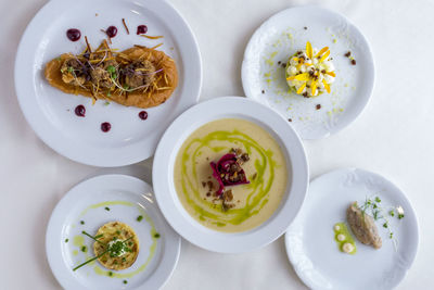High angle view of food served on table