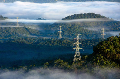 Transmission tower in green forest and beautiful morning smooth fog. high voltage power poles.