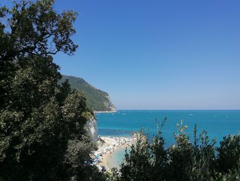 Scenic view of sea against clear blue sky