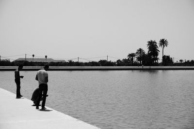 Rear view of men walking on shore against clear sky