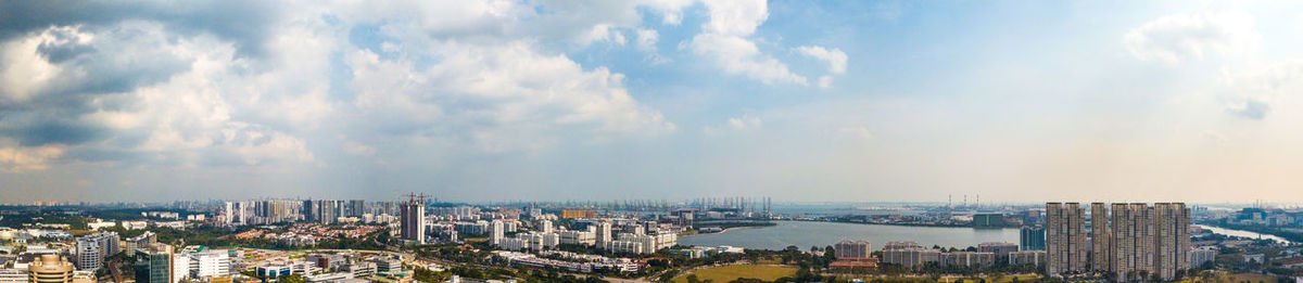 High angle view of buildings against sky