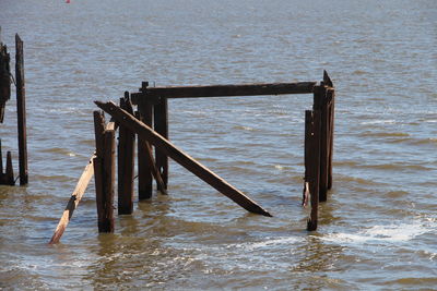 Wooden posts in sea