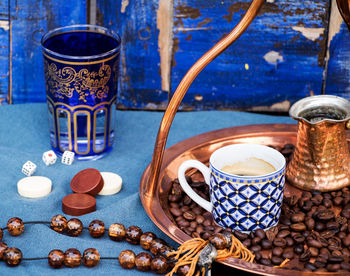 High angle view of drink on table