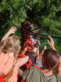 Rear view of people with arms raised against trees