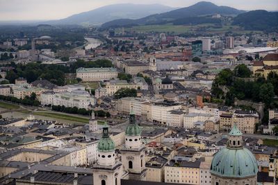 High angle view of buildings in town