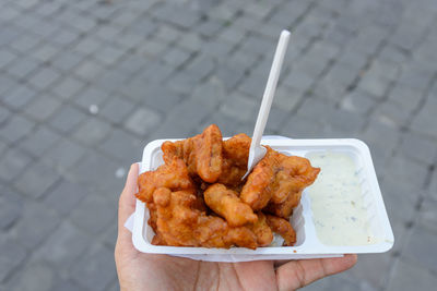 Hand hold kibbeling, deep fried battered fish, and white mayonnaise sauce on side.