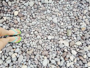 Low section of woman standing on pebbles