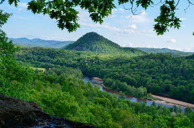 Scenic view of river by mountains against sky