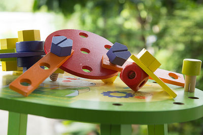 Close-up of toys on table