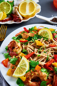 Stir fry noodle with shrimps, asian cuisine, cooked soba