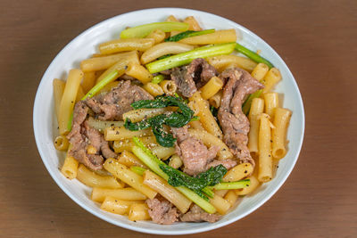 High angle view of noodles in bowl on table